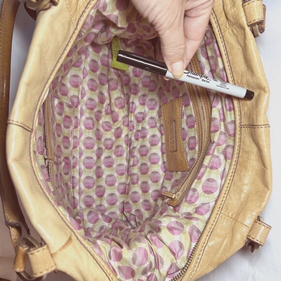 Sigrid Olsen Tan Leather shoulder/Tote/Purse-Large-Inside Pink/Green-Ph. Pocket - Picture 7 of 16